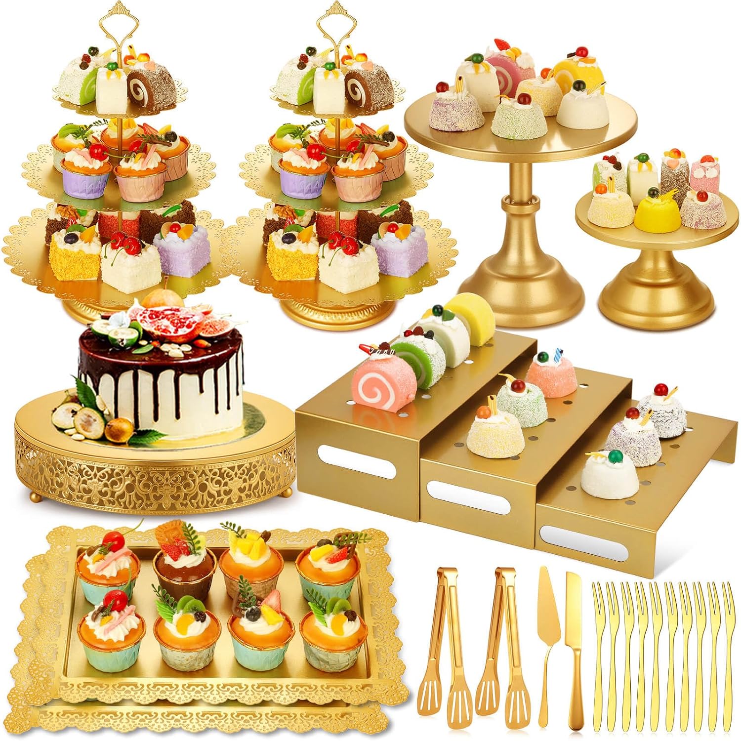 Gold Metal Dessert Table Displ - Display Risers Set 评论和价格